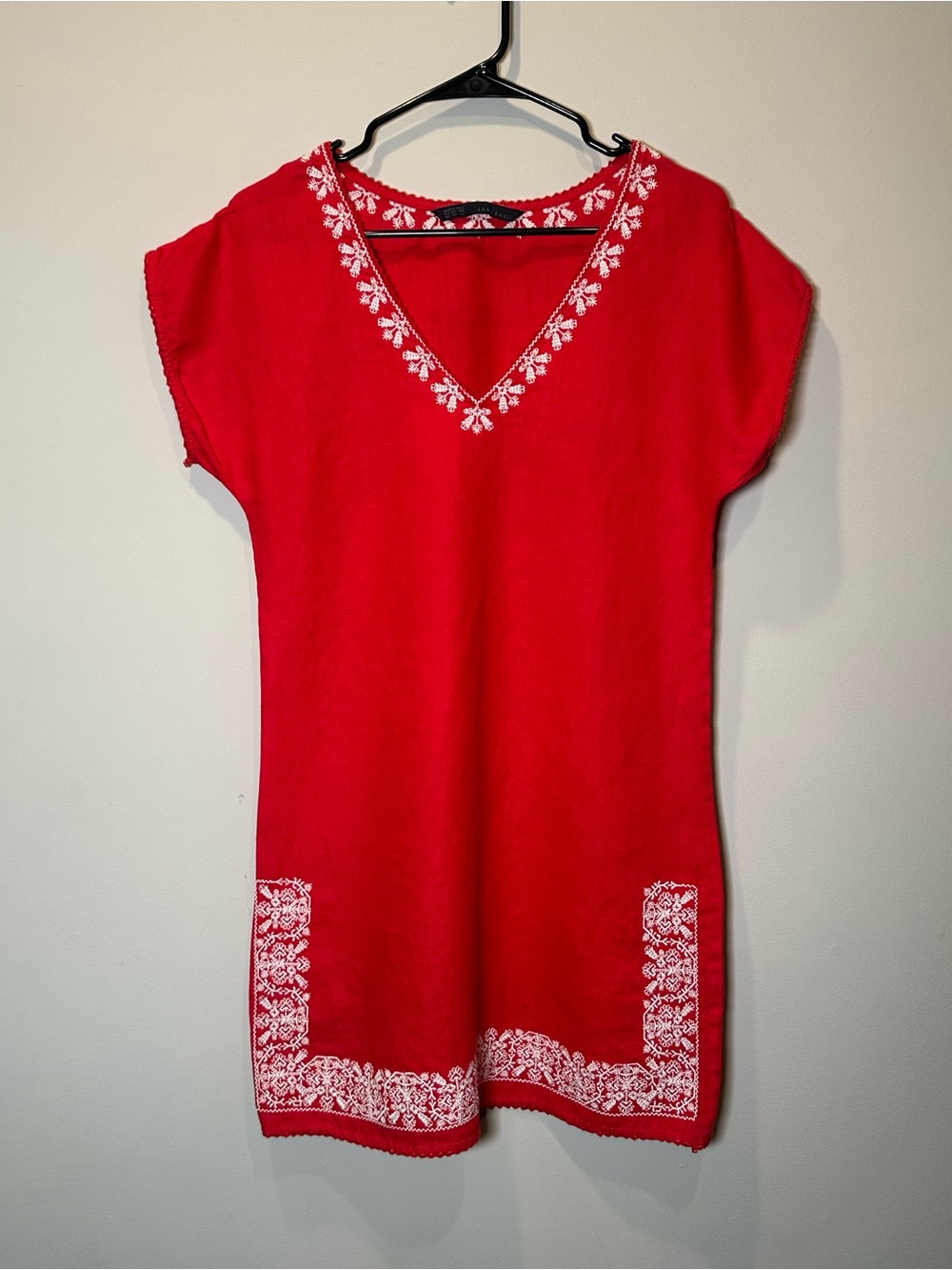 Zara Red Linen Embroidered Beach Tunic Dress XS